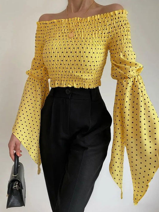 Polka Dot Print Bell Sleeve Shirred Off Shoulder Women Crop Blouse