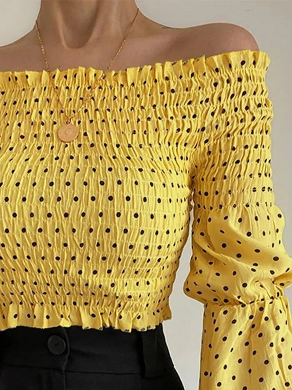 Polka Dot Print Bell Sleeve Shirred Off Shoulder Women Crop Blouse Tops & Blouses LoveAdora