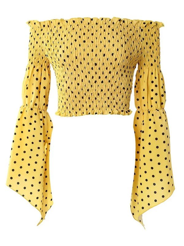 Polka Dot Print Bell Sleeve Shirred Off Shoulder Women Crop Blouse Tops & Blouses LoveAdora