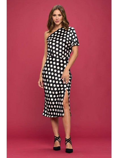 Polka Dot Stretch Satin One Shoulder Dress Women's Clothing LoveAdora