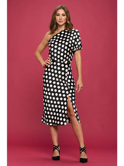 Polka Dot Stretch Satin One Shoulder Dress Women's Clothing LoveAdora