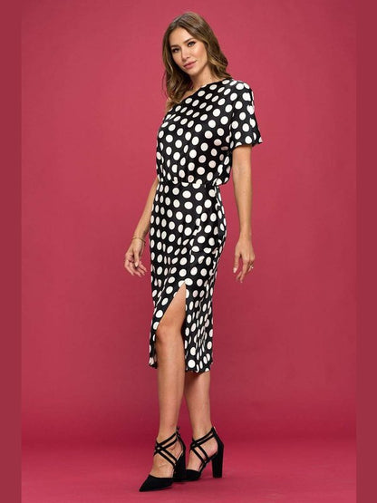 Polka Dot Stretch Satin One Shoulder Dress Women's Clothing LoveAdora