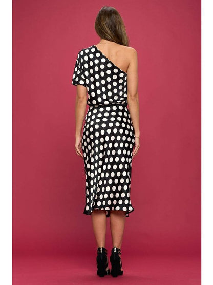 Polka Dot Stretch Satin One Shoulder Dress Women's Clothing LoveAdora