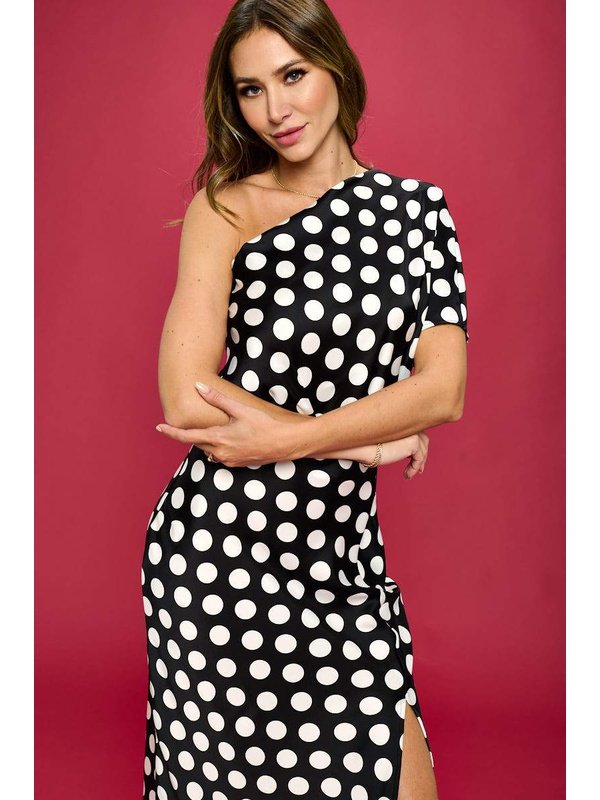Polka Dot Stretch Satin One Shoulder Dress Women's Clothing LoveAdora