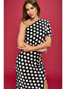 Polka Dot Stretch Satin One Shoulder Dress Women's Clothing LoveAdora