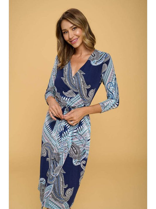 Print V neck Jersey Wrap Dress with Tie Women's Clothing LoveAdora