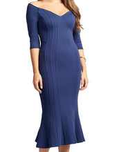Load image into Gallery viewer, Raquel Dress - Off the shoulder seamed mermaid hem midi dress with 3/4 Dresses LoveAdora