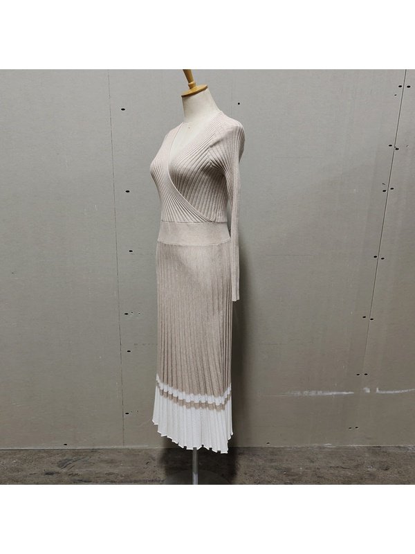 V-neck Long Sleeve Knitted Pleated Midi Dress Dresses LoveAdora