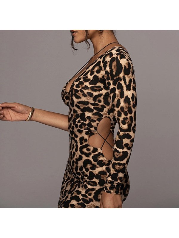 Sexy Bandage Cut Out Leopard Print Midi Dress Dresses LoveAdora