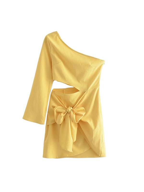 With Tied Bow Hollow Out Asymmetrical Mini Dress