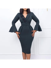 Load image into Gallery viewer, Women Ruffle Sleeve V-neck Ol Elegant Dress Dresses LoveAdora