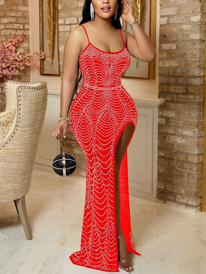 Spaghetti Strap Diamond Embellished Dress Sexy High Slit Mesh See Dresses LoveAdora