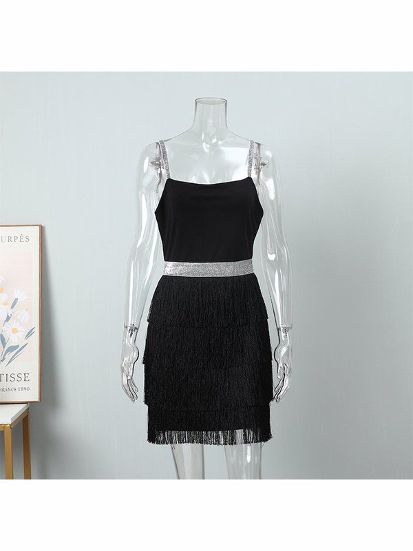 Evening Black Dress Fringed Slim Dress 2022 Summer Female Elegant