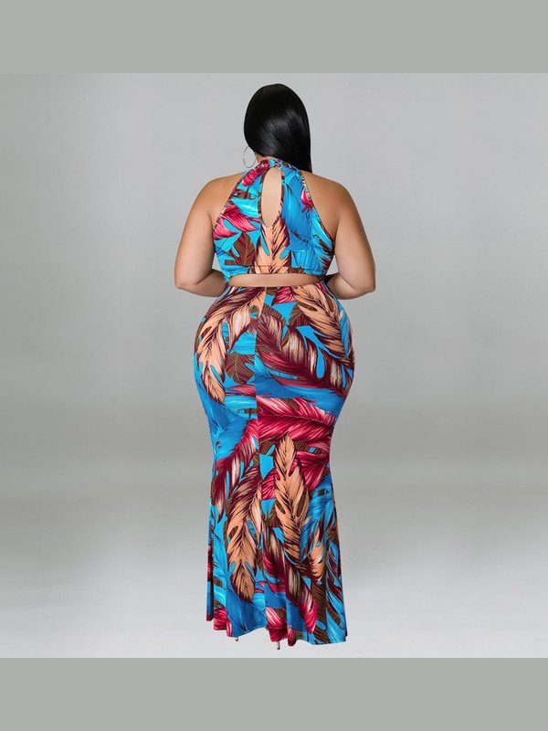 Plus Size Women Double Wear Leaf Print Sleeveless Mermaid Bodycon Maxi Dresses LoveAdora