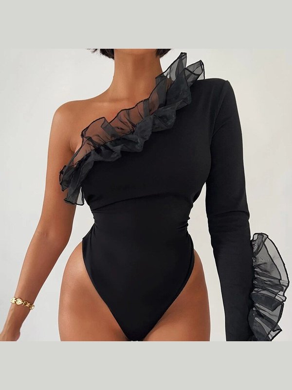 Patchwork Mesh One Shoulder Women Bodysuit Bodysuits LoveAdora