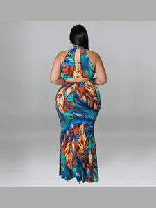 Plus Size Women Double Wear Leaf Print Sleeveless Mermaid Bodycon Maxi Dresses LoveAdora