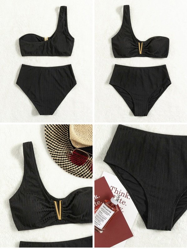 High Waist One Shoulder Bikini Solid Ribbed Textured Swimwear Women's Clothing LoveAdora