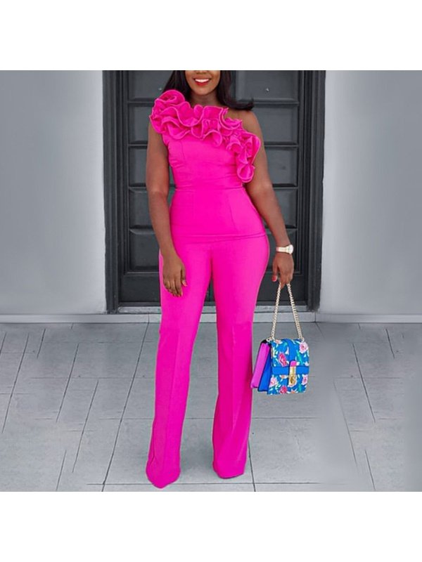 One Shoulder Rose Ruffles High Waisted Work Overalls Jumpsuits & Rompers LoveAdora