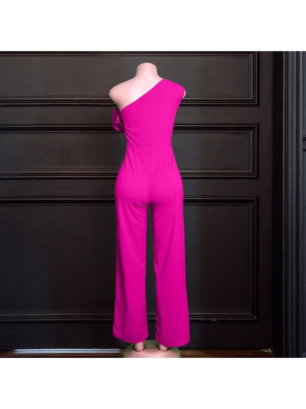 One Shoulder Rose Ruffles High Waisted Work Overalls Jumpsuits & Rompers LoveAdora