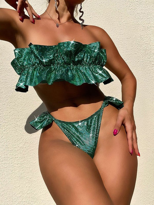 Sexy Off Shoulder Ruffled Thong Swimsuit Women's Clothing LoveAdora