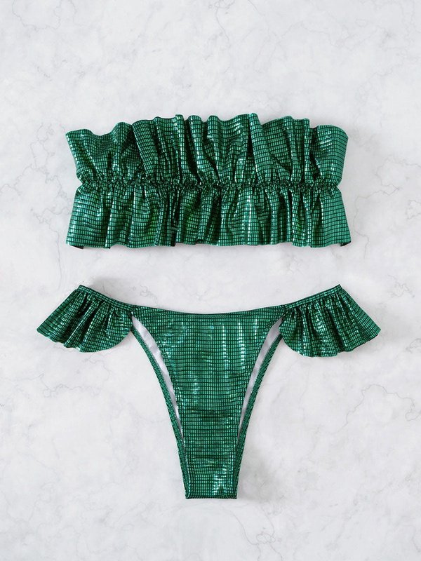 Sexy  Off Shoulder Ruffled Thong Swimsuit