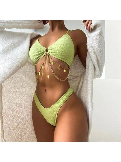 Sexy V Neck Solid Metal Chain Hollow Out Bikini Women's Clothing LoveAdora