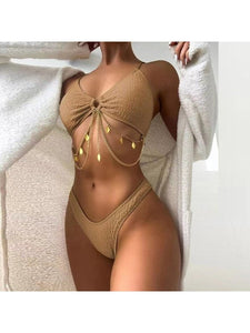 Sexy V Neck Solid Metal Chain Hollow Out Bikini Women's Clothing LoveAdora