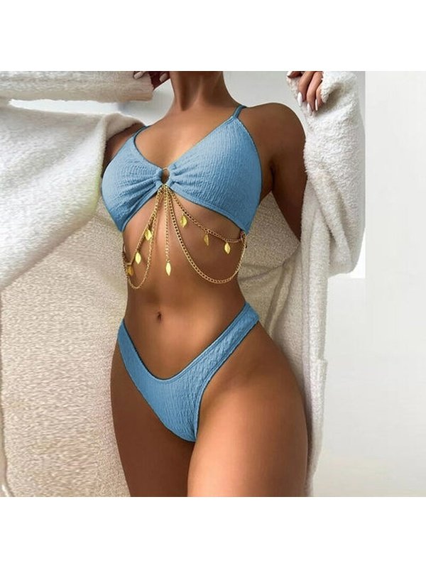 Sexy V Neck Solid Metal Chain Hollow Out Bikini Women's Clothing LoveAdora