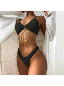 Sexy V Neck Solid Metal Chain Hollow Out Bikini Women's Clothing LoveAdora