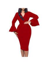 Load image into Gallery viewer, Women Ruffle Sleeve V-neck Ol Elegant Dress Dresses LoveAdora