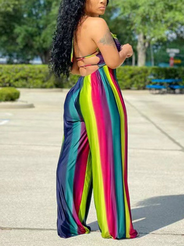 Halter Multi Color Strapless Wide Leg Backless Jumpsuits Jumpsuits & Rompers LoveAdora