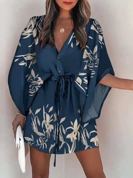 Summer Casual Loose Print Mini Dress Women's 2022 Fashion V-neck Dresses LoveAdora