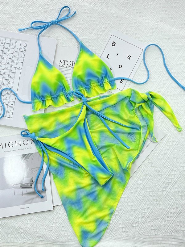 Tie Dye Halter Ruffled Bikini Female Micro Swimsuit 3 Pieces Women's Clothing LoveAdora