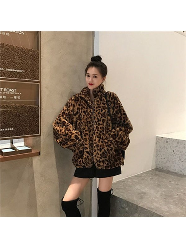 Leopard Print Faux Fur Parka Style Coat Jackets & Coats LoveAdora