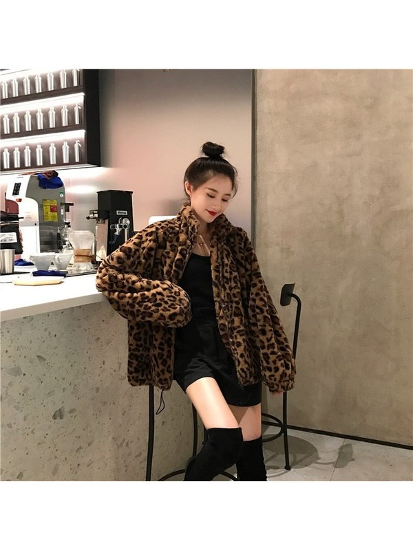 Leopard Print Faux Fur Parka Style Coat Jackets & Coats LoveAdora
