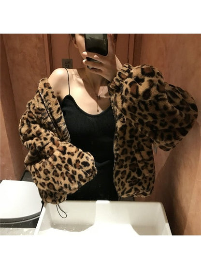 Leopard Print Faux Fur Parka Style Coat Jackets & Coats LoveAdora