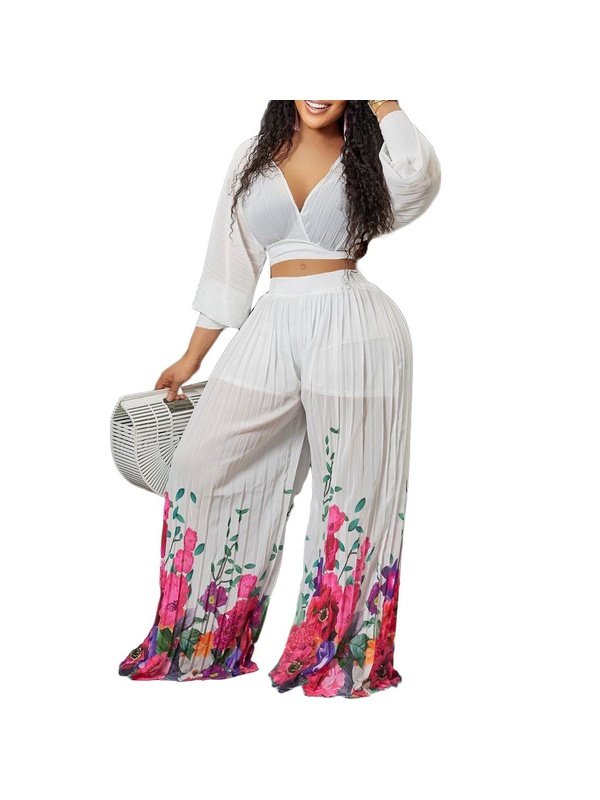 Chiffon Pleated Crop Tops & Long Trousers Printed Outfits Matching Sets LoveAdora