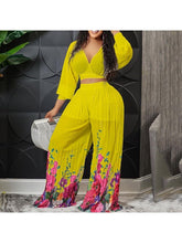 Load image into Gallery viewer, Chiffon Pleated Crop Tops &amp; Long Trousers Printed Outfits Matching Sets LoveAdora