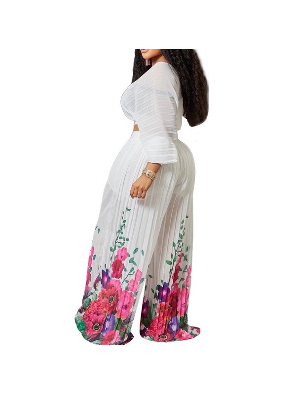 Chiffon Pleated Crop Tops & Long Trousers Printed Outfits Matching Sets LoveAdora