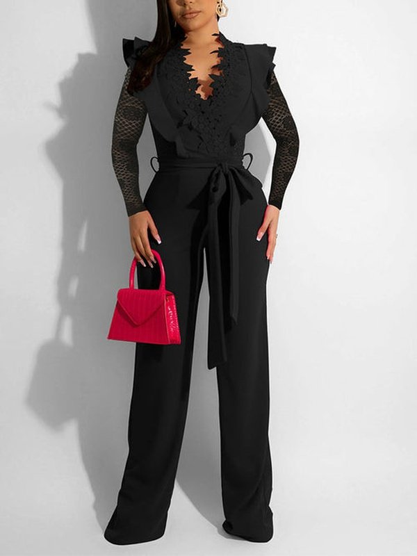 Women Long Sleeve V Neck Lace Insert Casual Jumpsuit
