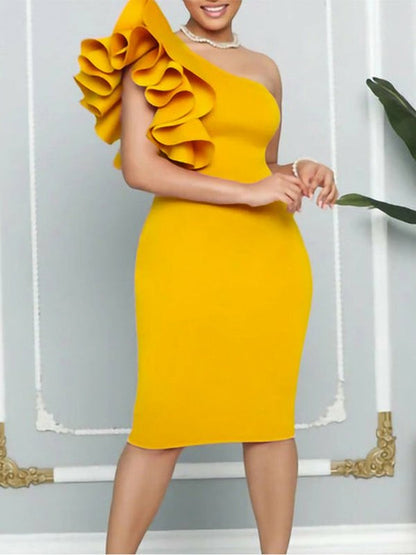 One Shoulderr Ruffles Bodycon Midi Dress Elegant Evening Party Dress Dresses LoveAdora