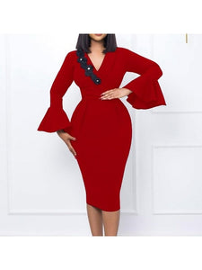 Women Ruffle Sleeve V-neck Ol Elegant Dress Dresses LoveAdora