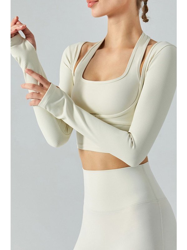 Ribbed Faux Layered Halter Neck Cropped Sports Top