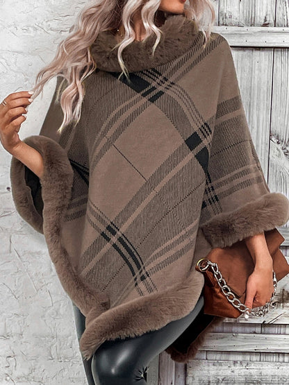 Plaid Faux Fur Trim Poncho Ponchos LoveAdora