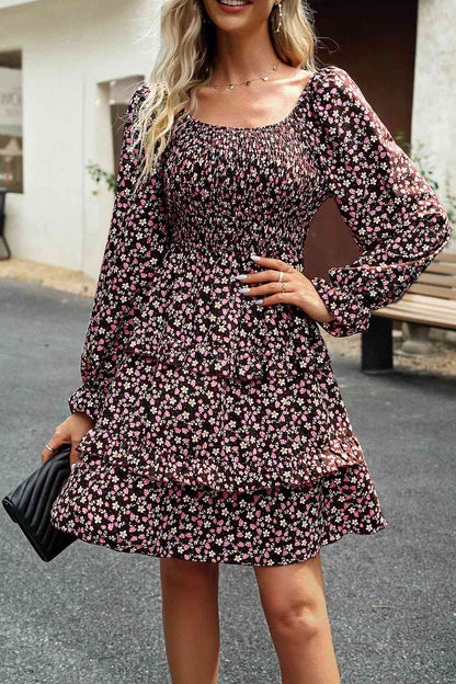 Smocked Flounce Sleeve Ruffled Dress