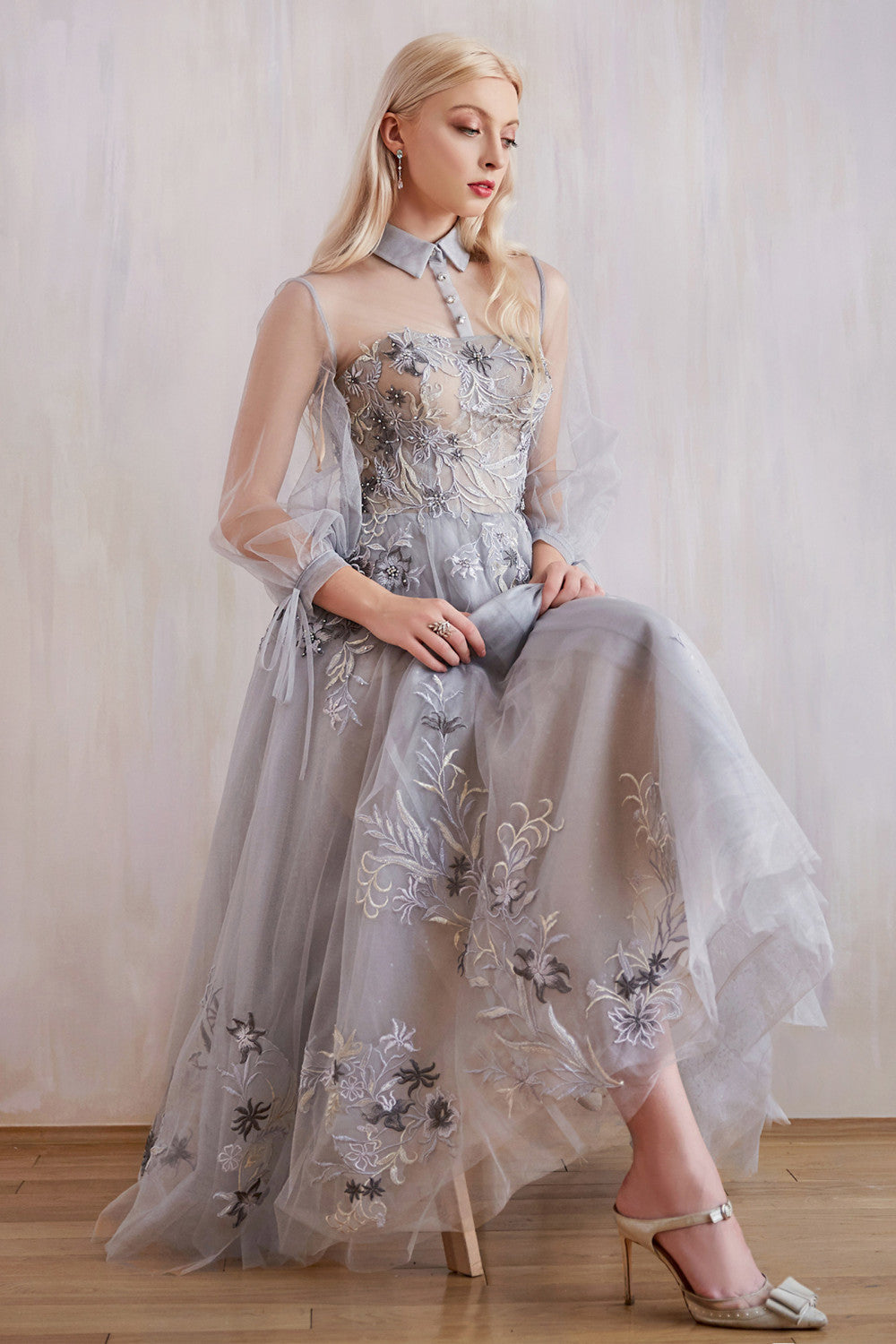 Duchesa Boho Prom & Evening Dress Collar Sheer Neckline with Flower Appliqué Long Puff Sleeves Embroidered Midi Dresses CDA0862-1