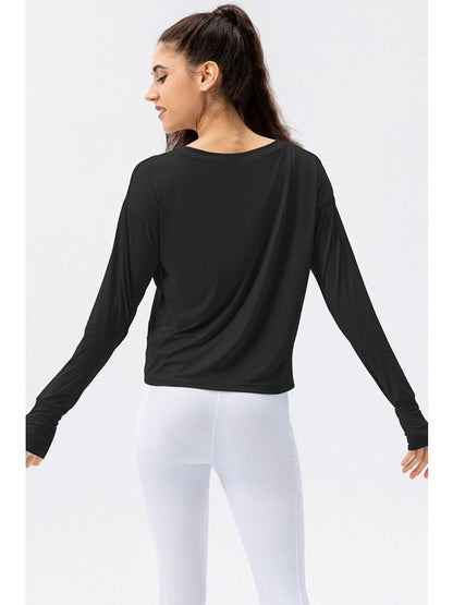 Breathable Round Neck Dropped Shoulder Top Activewear LoveAdora