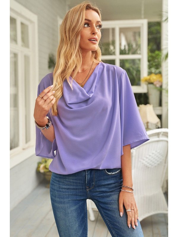 Short Sleeve Draped Blouse Tops LoveAdora