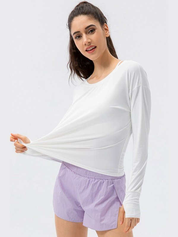 Breathable Round Neck Dropped Shoulder Top Activewear LoveAdora