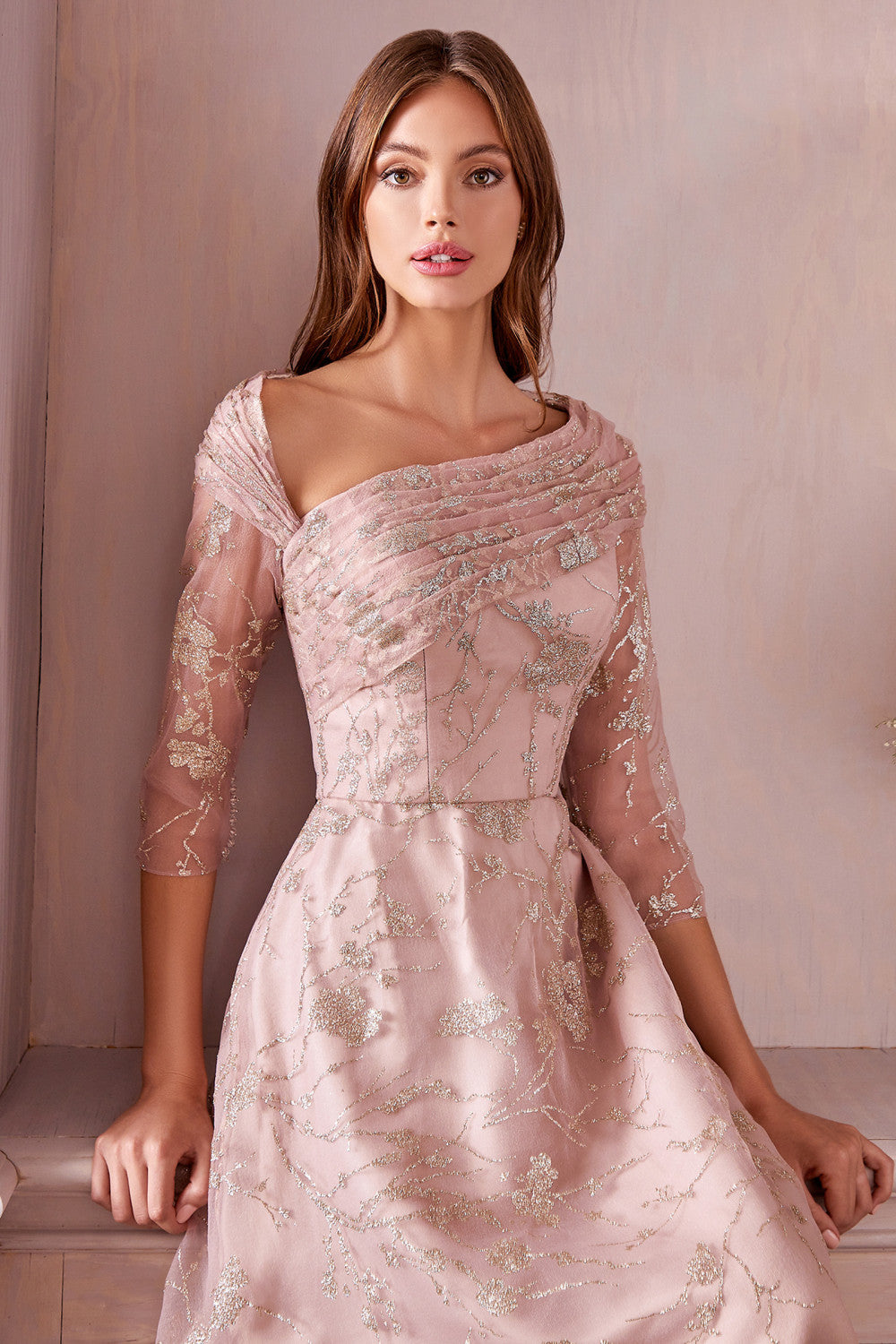 Golden Foliage Decorations Elegant Modest A-line Skirt Detailed Neckline Mother of Bride Dress CDA1030-0